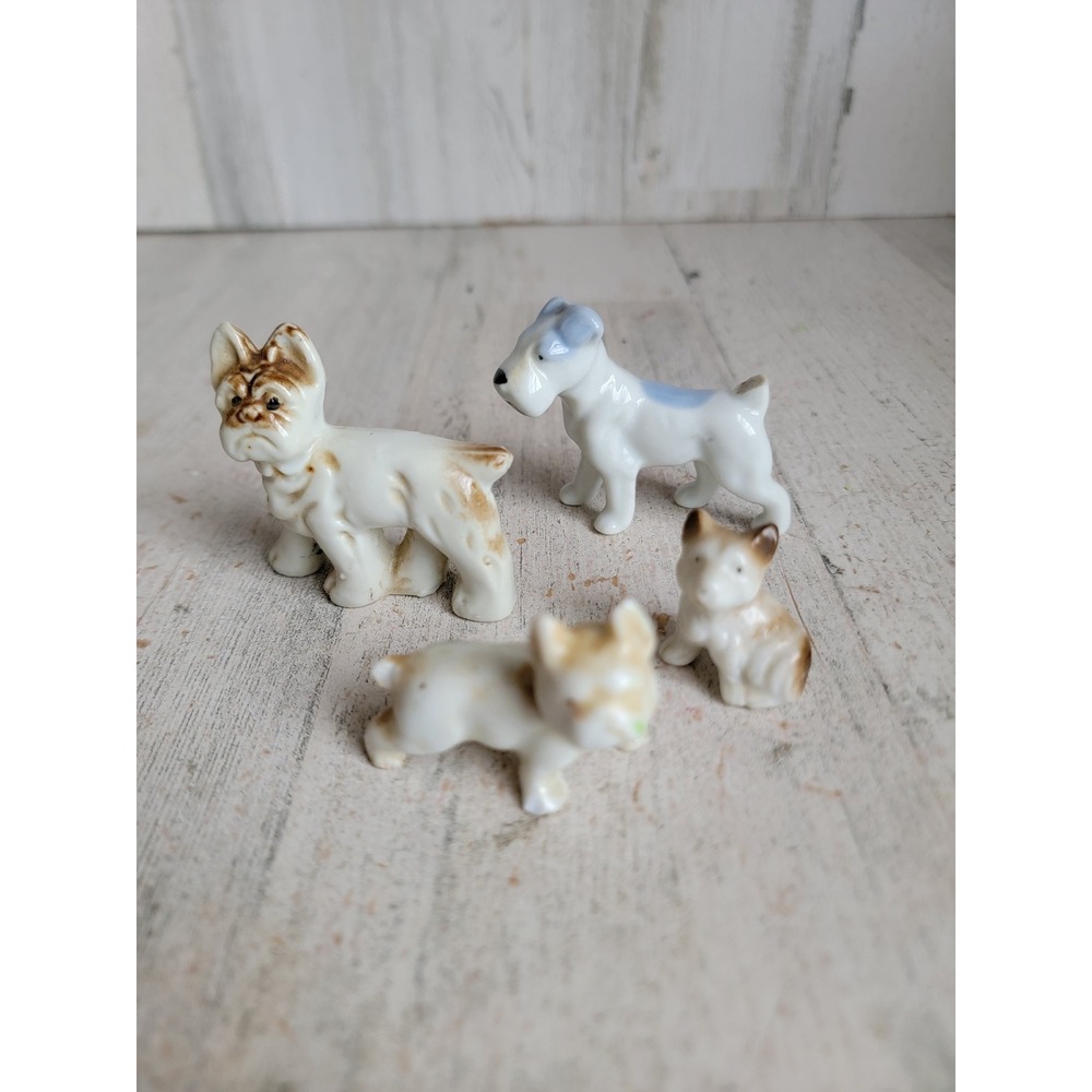 Miniature vintage porcelain dog puppy set home decor terrier variety spotted